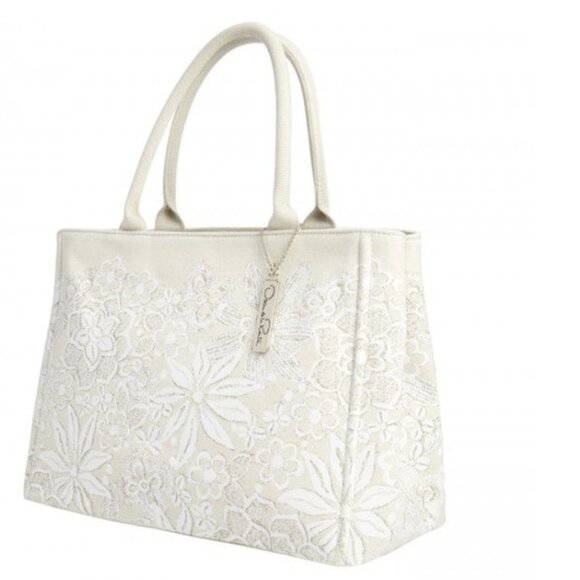 Oscar de la Renta for Neiman Marcus Floral Print Tote Bag Beige/White NWOT - Picture 1 of 11